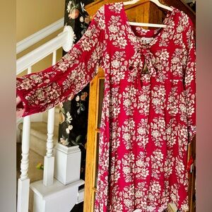 American Eagle Red Floral Tie-Front Boho Dress